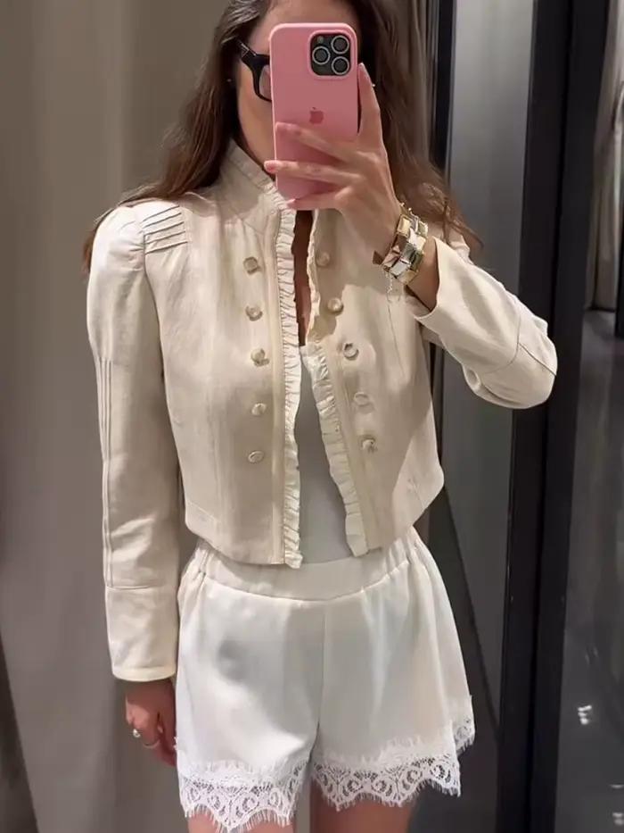 Blazer élégant et stylé pour femme, nouvelle collection 2026, à manches longues, superposé, avec volants décoratifs, coupe ajustée, style vintage, manteau court