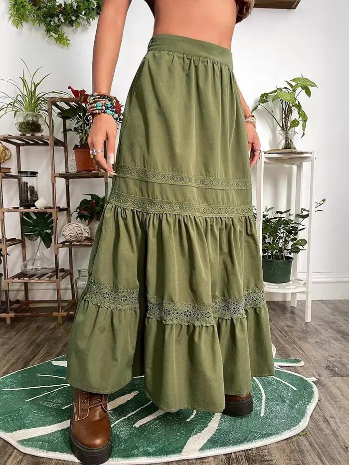 Jupe longue en dentelle vintage pour femme, vert militaire, noir, été