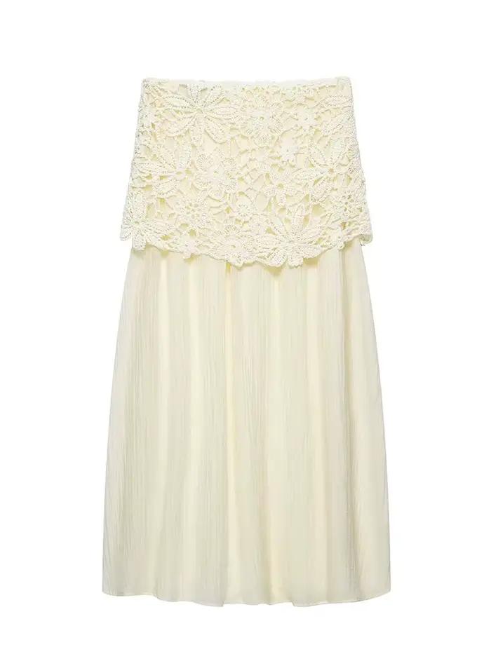 Jupe mi-longue décontractée en mousseline froissée respirante à taille haute en dentelle crochetée pour femme – Collection Printemps-Été