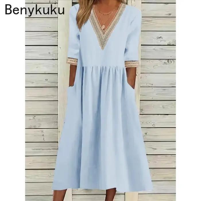 Robe mi-longue décontractée chic vintage en coton et lin à col en V et manches courtes pour femme – Nouvelle collection été 2026