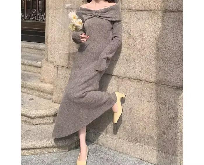 Robe en tricot à grand col pour femme, style automne-hiver, nouvelle collection, rétro, élégante, asymétrique, longue jupe