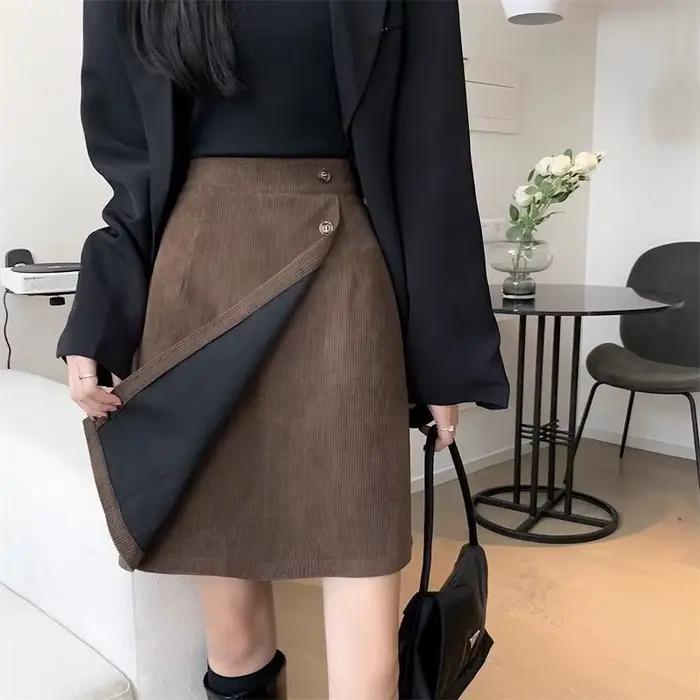 Taille haute fermeture éclair velours côtelé Vintage a-ligne jupe automne hiver mince solide tout-match coréen demi-jupe tendance mode femmes vêtements
