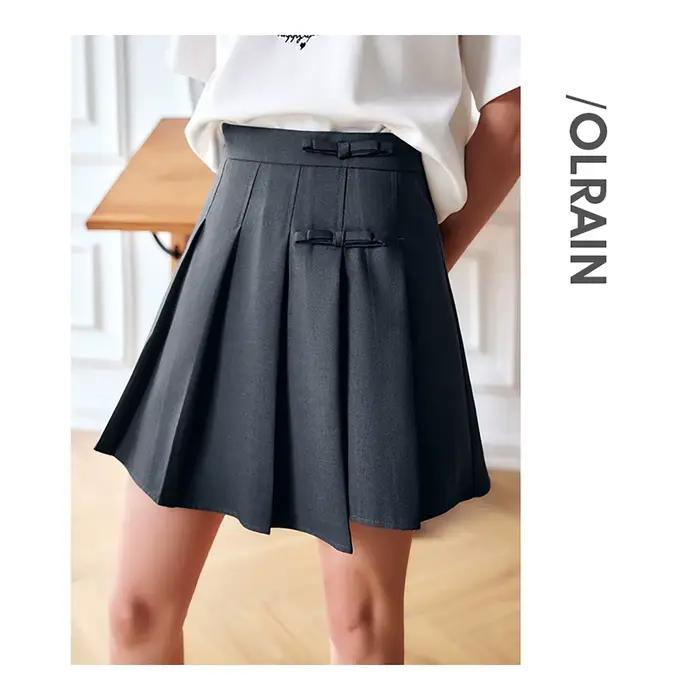 Jupe plissée OLrain pour femme, style français, gris anthracite, taille haute, effet rajeunissant, collection été 2026, modèle O22XB01132