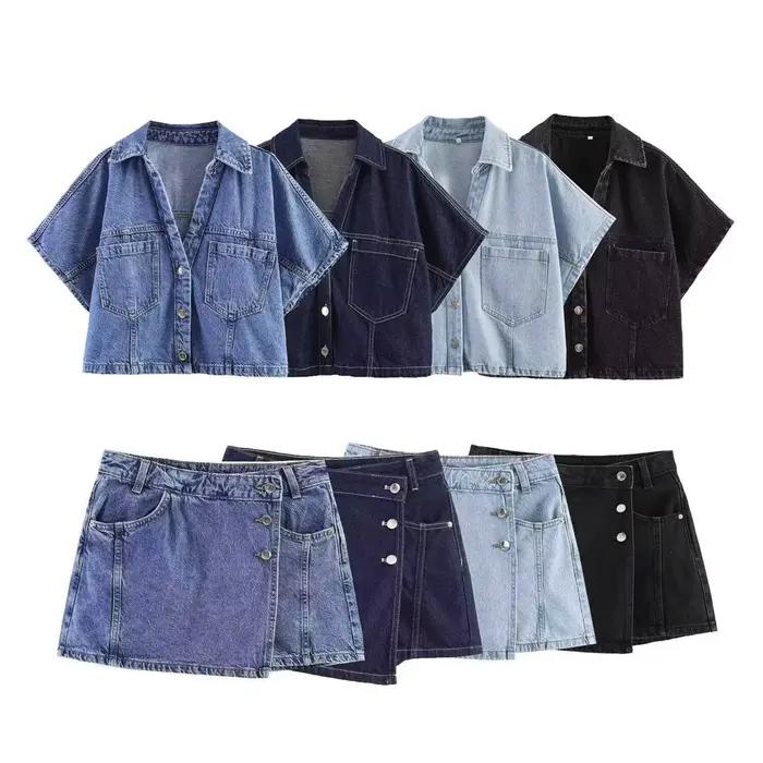 Ensemble deux pièces décontracté pour femme : haut court et jupe courte asymétrique en jean rétro, style urbain, mode estivale