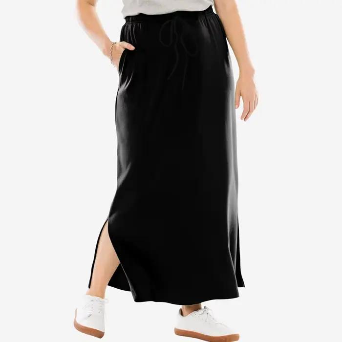 Jupe de sport pour femmes grande taille 6XL 7XL noire avec nœud frontal et fentes latérales pour activités estivales et printanières