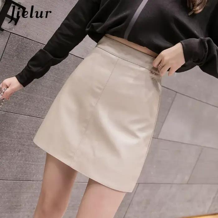 Jielur – Mini jupe en cuir taille haute pour femme