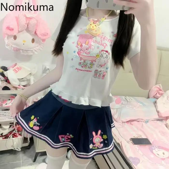 Denim Mini jupes 2025 Faldas Mujer De Moda mignon a-ligne douce Jupe été Chic Saia dessin animé broderie plissée Y2k