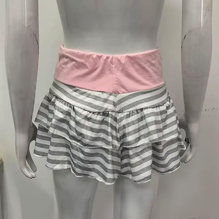 Jupe kawaii vintage pour filles haute couture en fibre de polyester et élasthanne imprimé rayé à manches courtes pour parties et sorties estivales