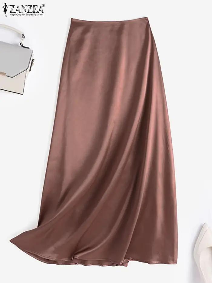 ZANZEA mode Satin soie jupes femmes été longue taille haute Jupe décontracté solide fête Faldas Saia femme Vintage