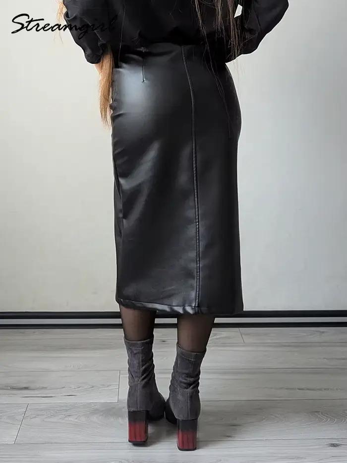 Jupes longues en cuir pour femmes marron haute qualité PU Midi jupe moulante avant fendu taille
