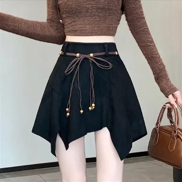 Jupes irrégulières fille jupe courte Vintage daim Midi taille haute jupe trapèze coquine Multi ceinture pantalon de sécurité jupe intégrée
