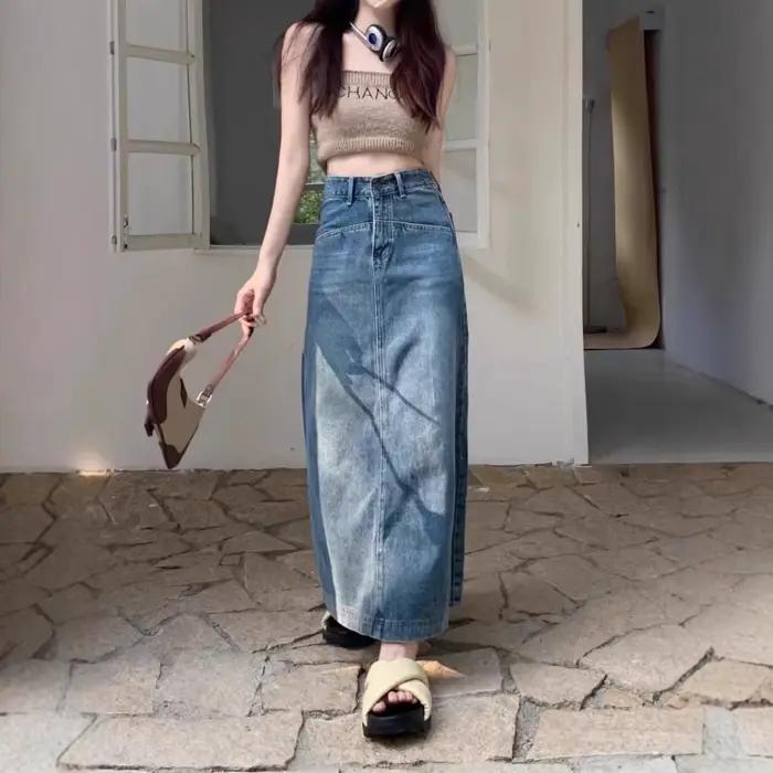 Jupe en jean droite rétro bleue pour femme