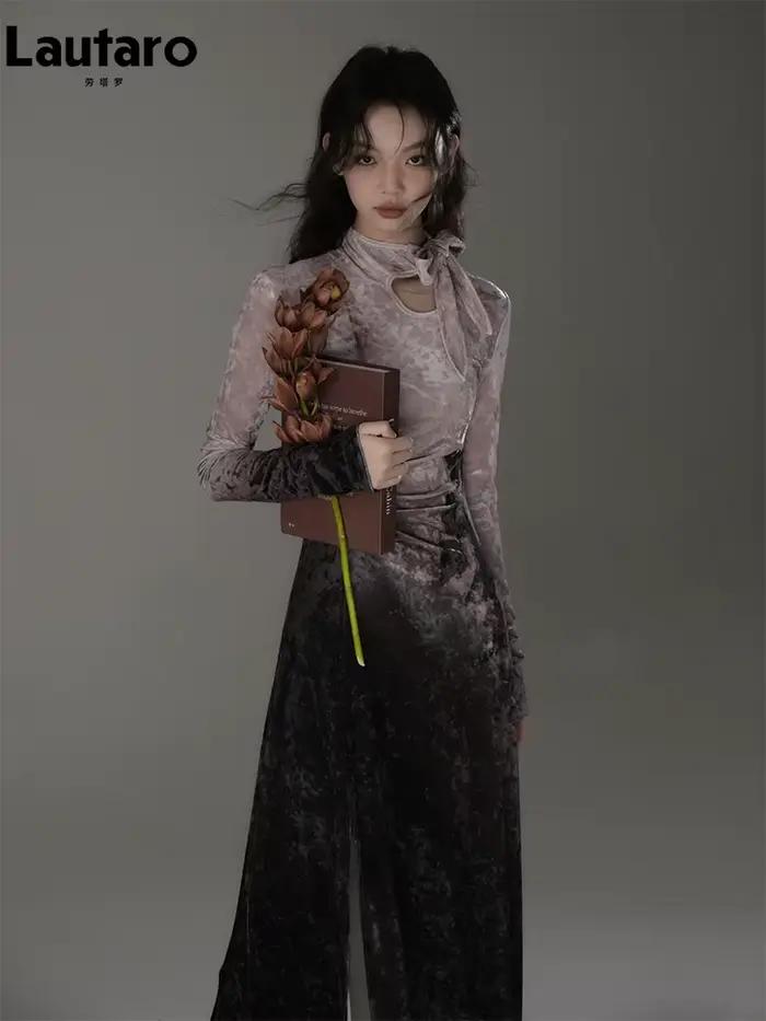 Lautaro printemps longue colorée soirée robes mi-longues femme avec fente haute élégant luxe dégradé imprimé fleuri Vlevet robe 2025
