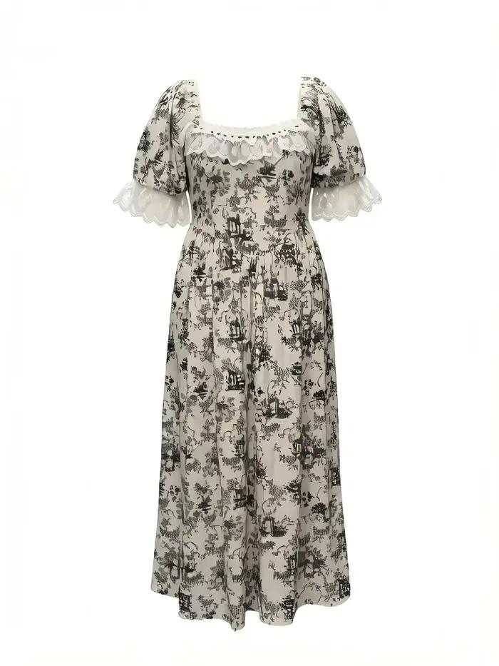 Robe longue vintage imprimé Toile de Jouy pour femme