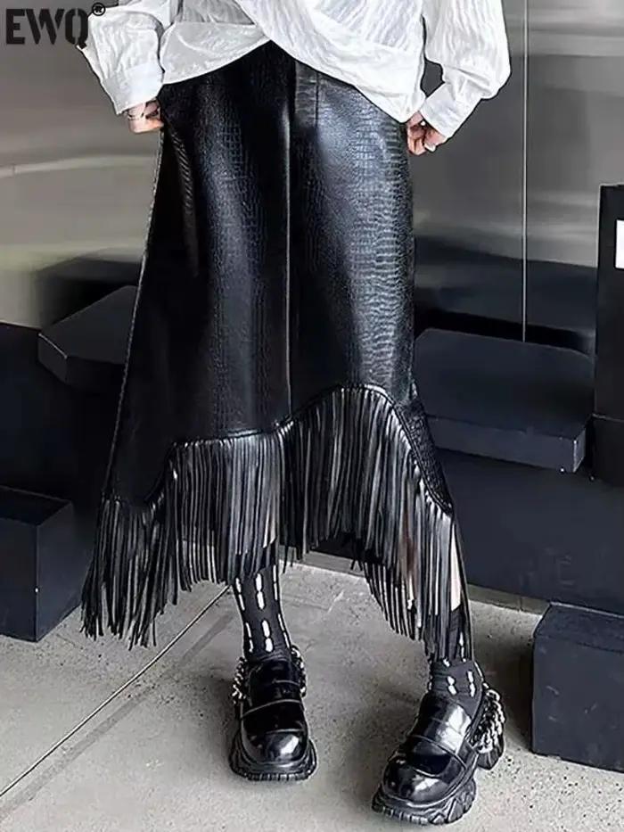 [EWQ] taille élastique jupe à franges noir à la mode vêtements pour femmes élégant