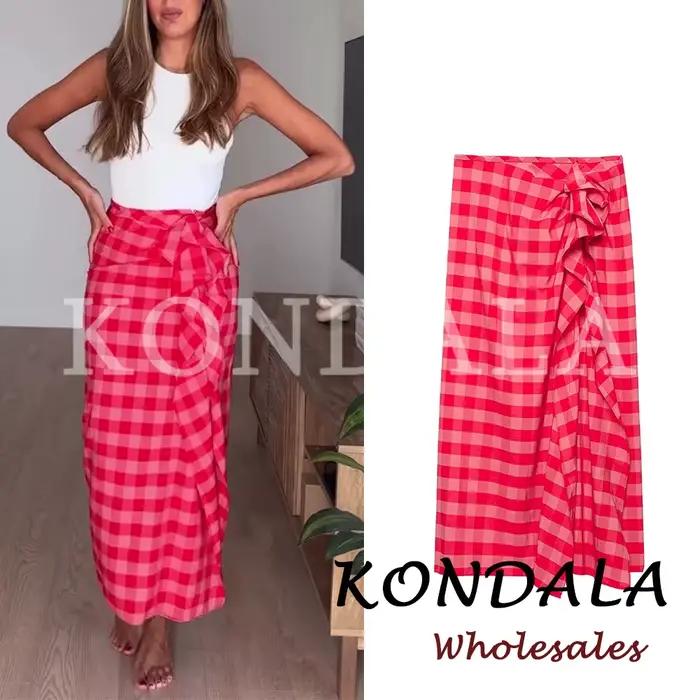 Jupe d'été asymétrique à carreaux rouges KONDALA Chic Streetwear