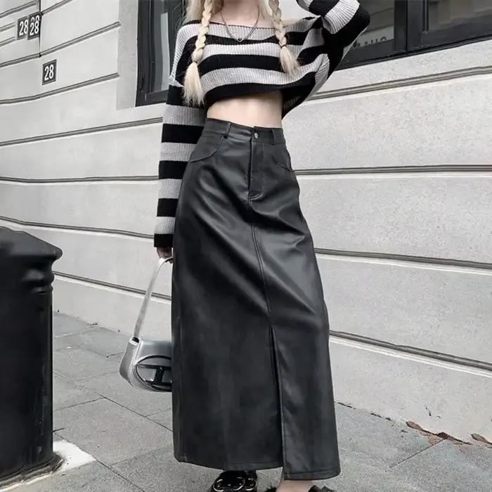 Jupe mi-longue en cuir pour femmes