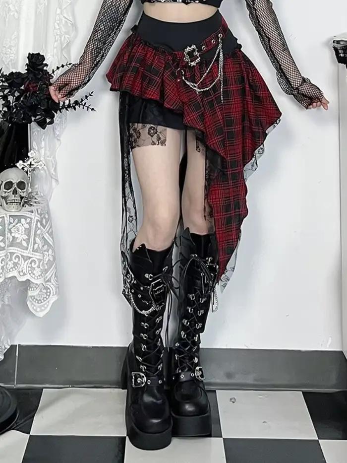 Jupe gothique foncée Cyber Punk pour femmes, Streetwear Harajuku, Patchwork irrégulier, jupe à carreaux rouge, Hotsweet Y2k Clubwear