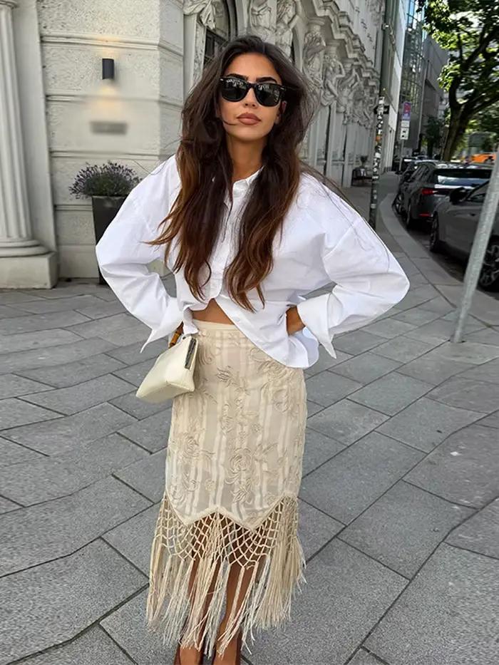 Jupe longue maxi décontractée pour femme avec broderies et pompons, taille haute, coupe ample, nouvelle collection 2026 pour les fêtes et le quotidien