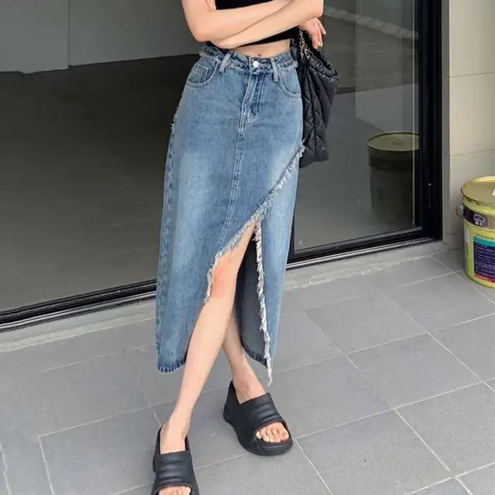 Coréen avant fendu Denim jupe longue femmes 2025 été taille haute une ligne jean jupes femme Streetwear poche une étape