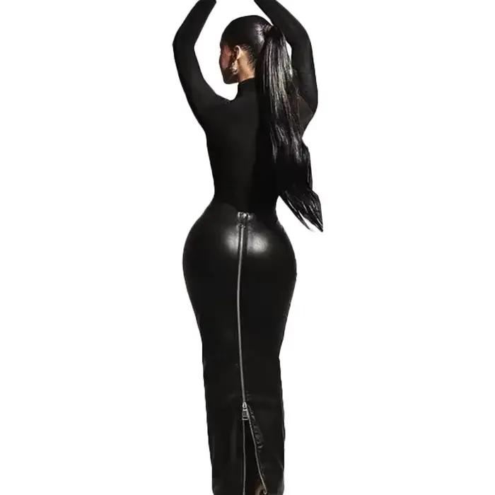 Jupe mi-longue en PU pour femme