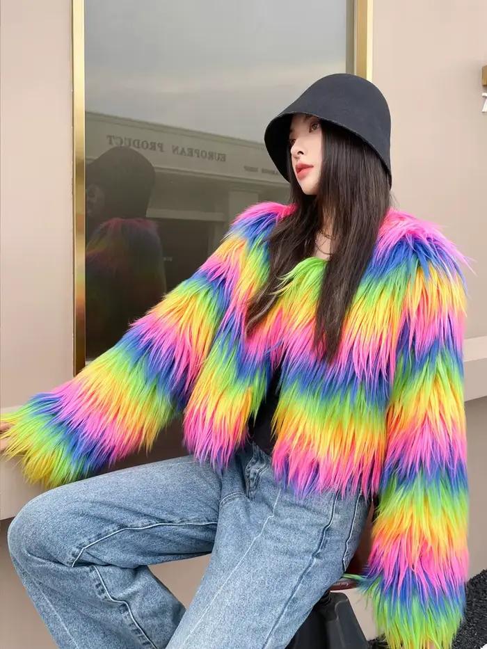 Manteau en fausse fourrure arc-en-ciel pour femme, Streetwear chaud pour femme, col rond, manches longues, vêtements d'extérieur d'hiver