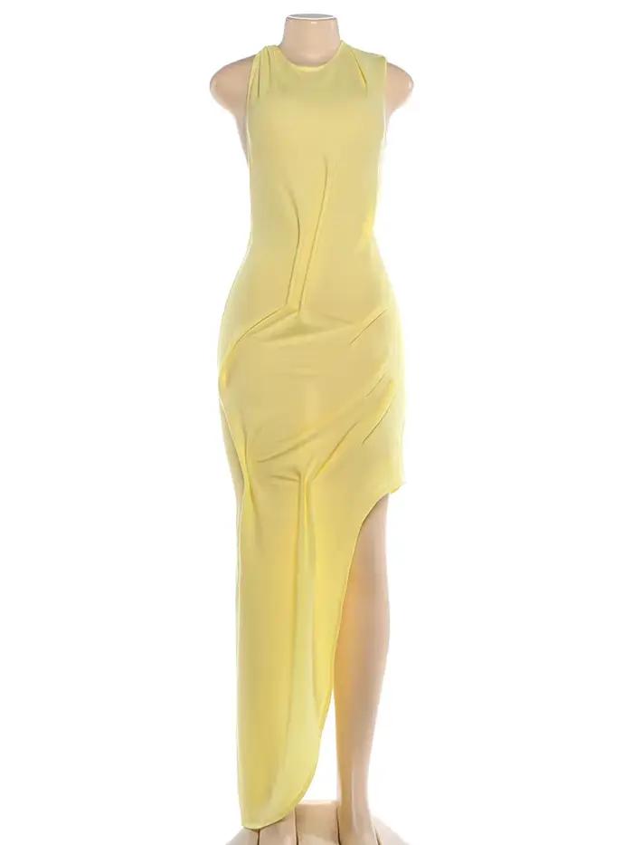 Nibber dos nu longue robe femme froncé élégant été tendance o-cou sans manches sexy ourlet irrégulier soirée bal