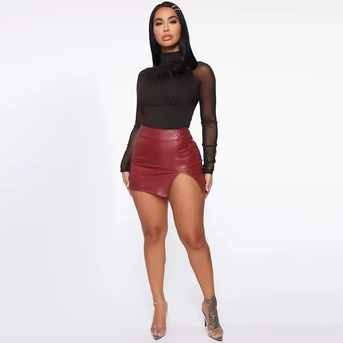 Femmes nouvelles Mini jupes Sexy jupes en polyuréthane fermeture éclair en cuir jupe asymétrique 6 couleurs
