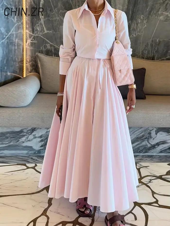 Ensemble élégant chemise et jupe pour femme, chemisier à revers avec boucle dissimulée, jupe longue plissée trapèze, collection Printemps 2026, ensemble 2 pièces pour le bureau