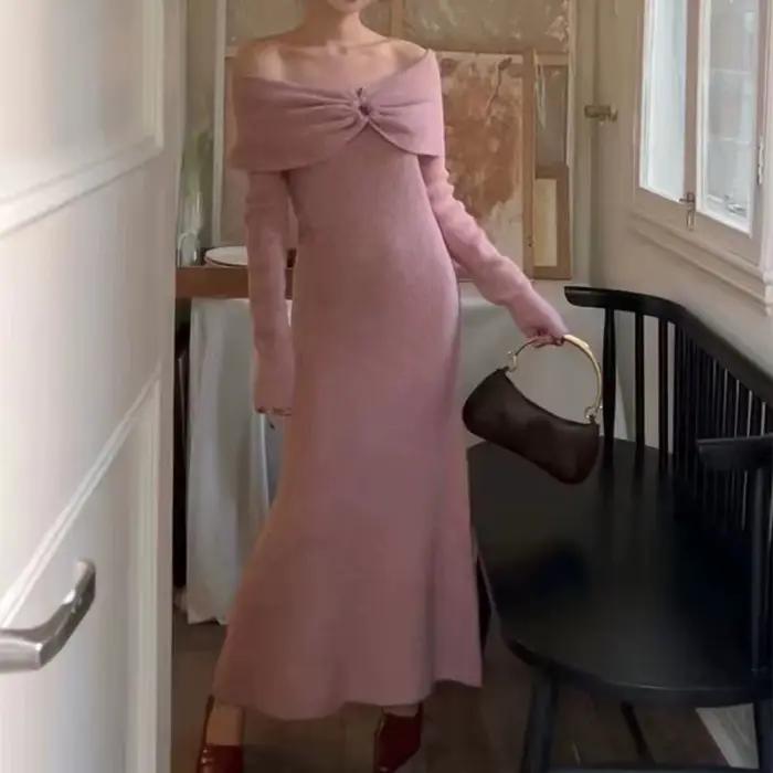 Robe en tricot à grand col pour femme, style automne-hiver, nouvelle collection, rétro, élégante, asymétrique, longue jupe