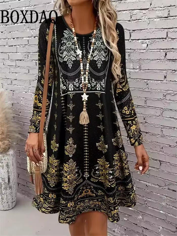 Robe d'automne pour femmes, style Boho Vintage ethnique, motif imprimé Floral, vêtements féminins élégants, manches longues, robes de soirée, nouvelle collection 2025