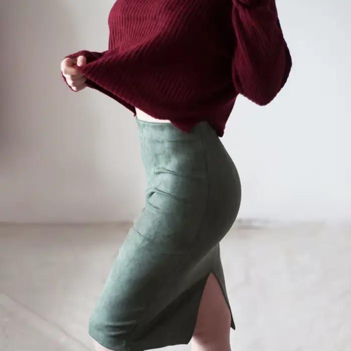 Jupe crayon en daim à taille haute pour femmes