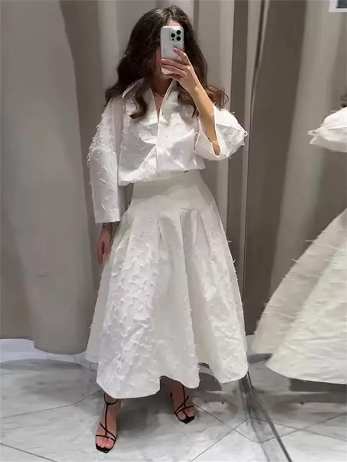 Chemise élégante jupe 2 pièces ensemble femmes 2025 été revers à manches longues