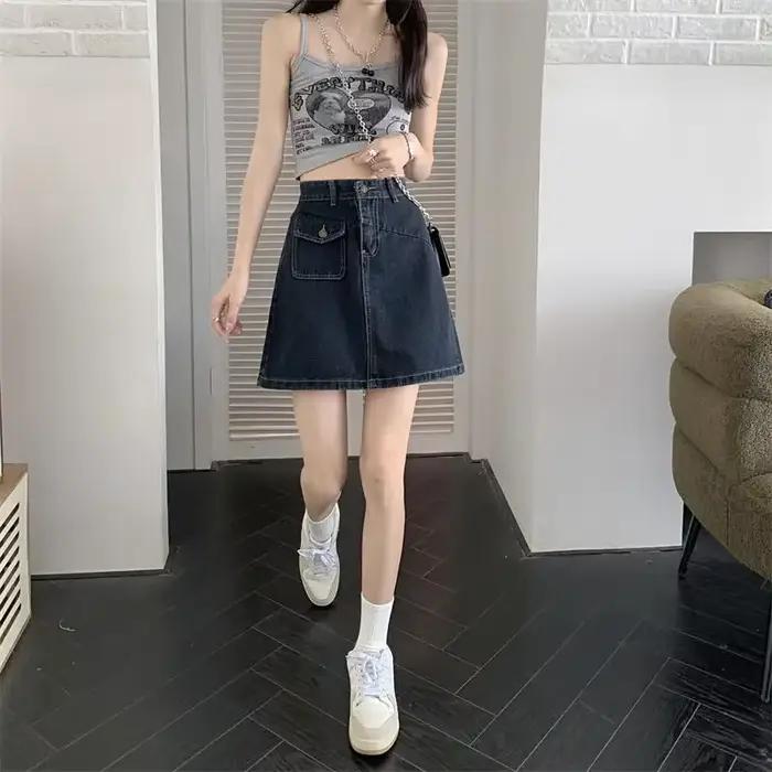 Jupe en jean femme rétro bleu taille haute