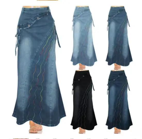 Jupe longue taille haute en denim pour femme
