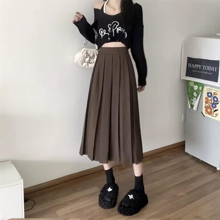 Jupe longue plissée noire de style coréen pour femmes