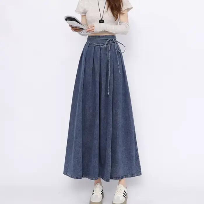 Corset à lacets Midi jupes longues femmes printemps été Style coréen Vintage taille haute Jean jupe a-ligne à volants