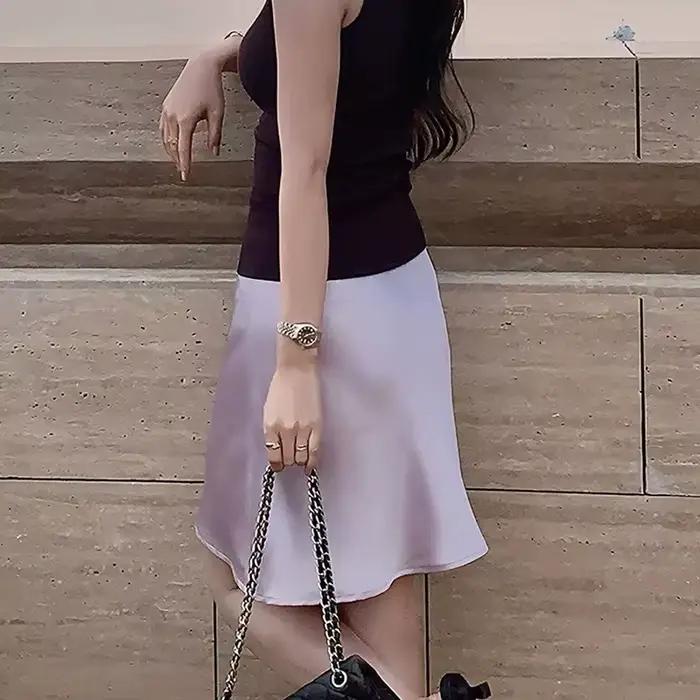 Jupe midi élégante en satin lisse pour femme, coupe trompette, taille élastique, idéale pour l'été