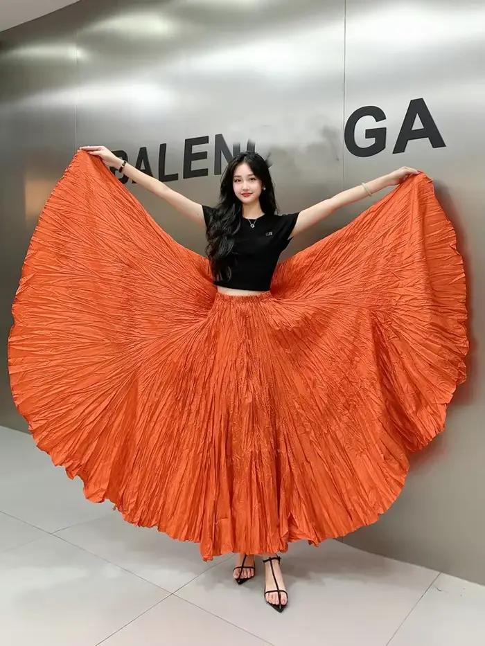 Jupes longues plissées froncées orange pour femmes