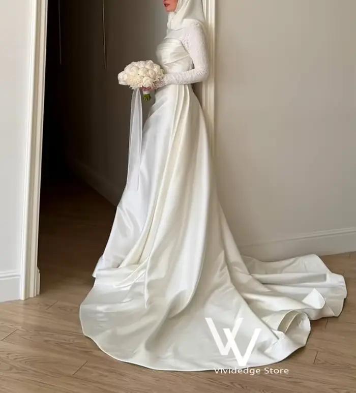 Robes de mariée musulmanes en satin blanc, dentelle, manches longues, traîne, corset, style arabe, robe de mariée personnalisée