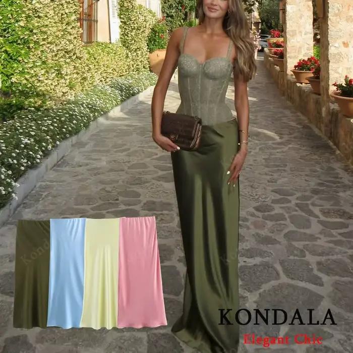 KONDALA Vintage Chic vert jaune Satin jupes taille élastique