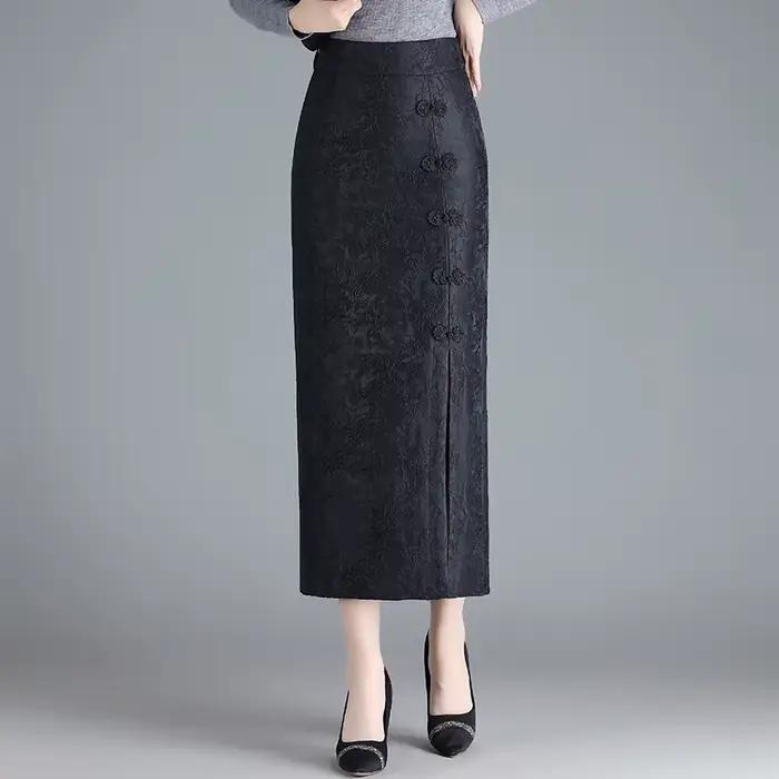 ZUZK Jacquard Noble élégant longue jupe droite nouvelle taille élastique mince automne femmes rétro Wrap mi-longue