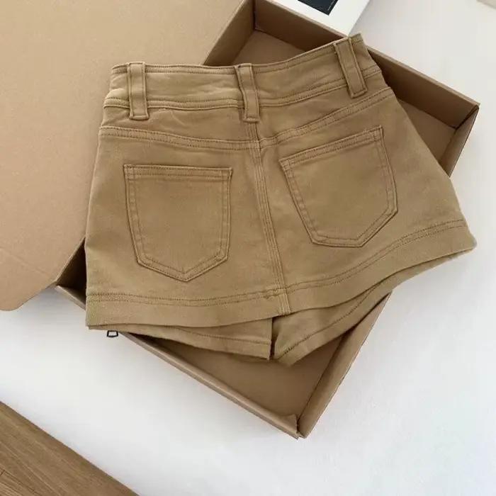 Jupe-short en jean taille haute kaki pour femme, nouvelle collection été, coupe ajustée, style décontracté, en coton uni avec fermeture éclair