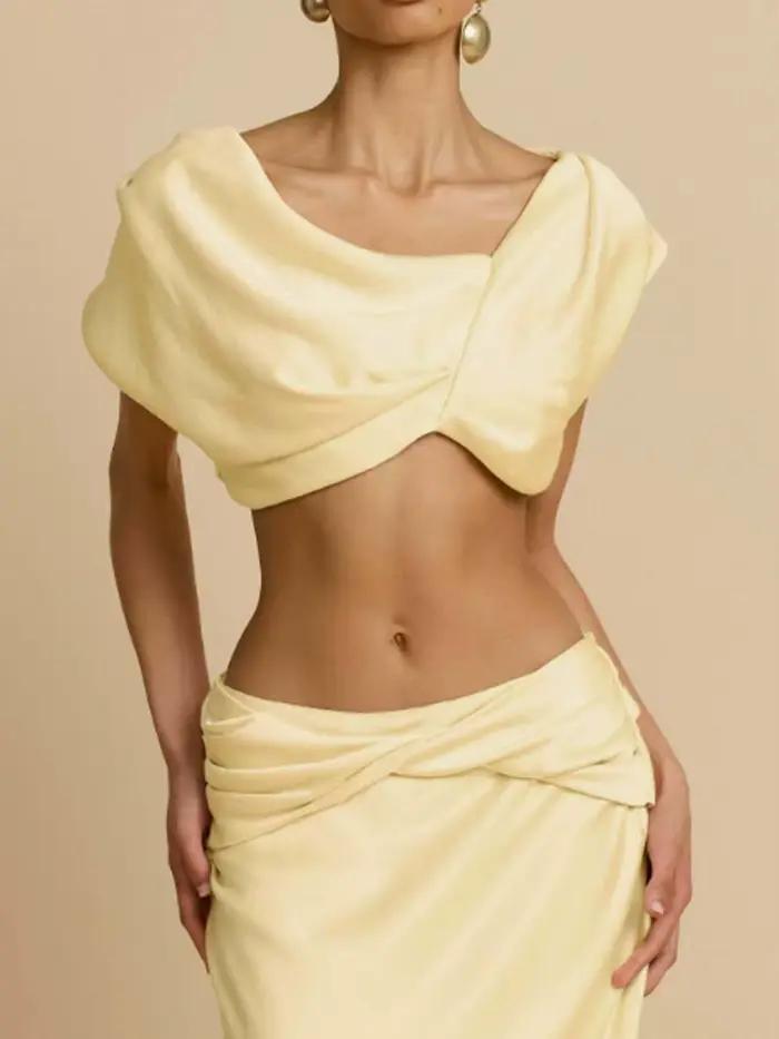 Ensembles de mode décontractés en satin couleur unie : hauts courts asymétriques et jupes longues taille haute pour femme, tenue de vacances