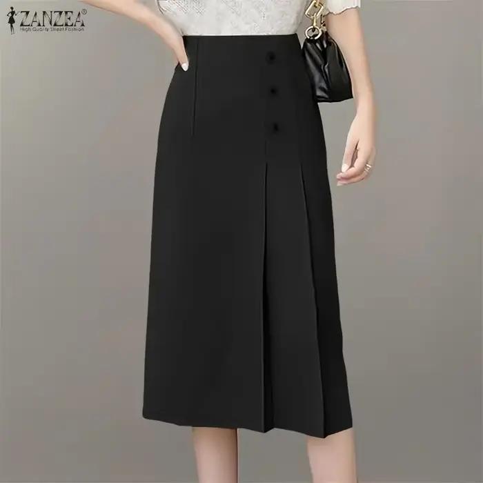 ZANZEA Jupe Midi Unie d'Été Élégante pour Femme, Taille Haute, Plissée, Style OL, pour Soirée et Travail, Grande Taille
