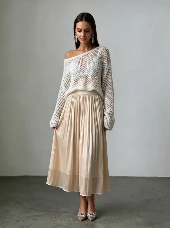 Hirsionsan-Jupe mi-longue taille haute en satin pour femme