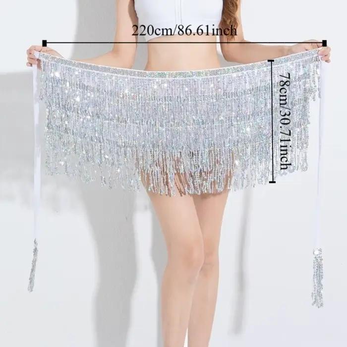 Jupe courte Hula de danse latine brillante à 4 couches, paillettes en mousseline de soie, chaîne de taille de danse du ventre, robe multicolore avec pompon, écharpe de hanche, fête