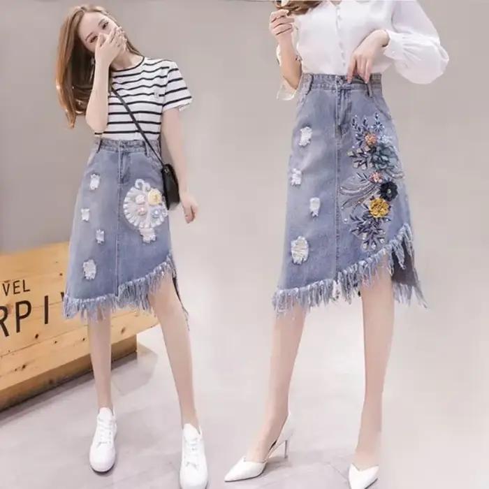 Jupe en jean mi-longue taille haute potelée pour femme