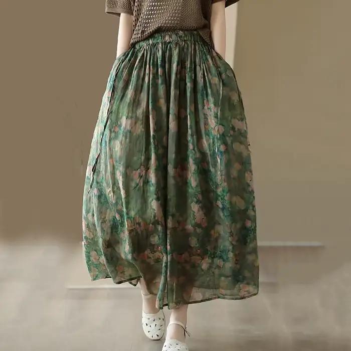 Jupe longue imprimée Vintage en coton et lin