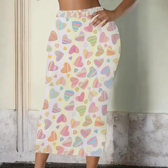Jupe midi à imprimé cœurs pastel